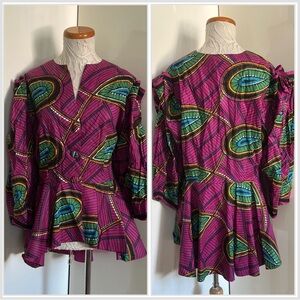 Vintage 70's Jerry Peakes African Print Ankara Puff Sleeve Peplum Blouse L XL
